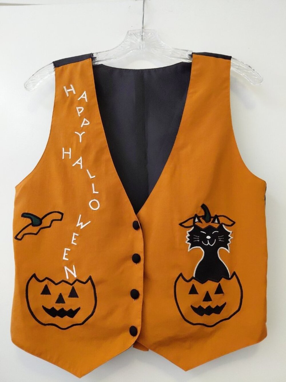 Vintage Halloween Vest Black Cat & Jack-O-Lantern Silk Nylon Orange Black Medium